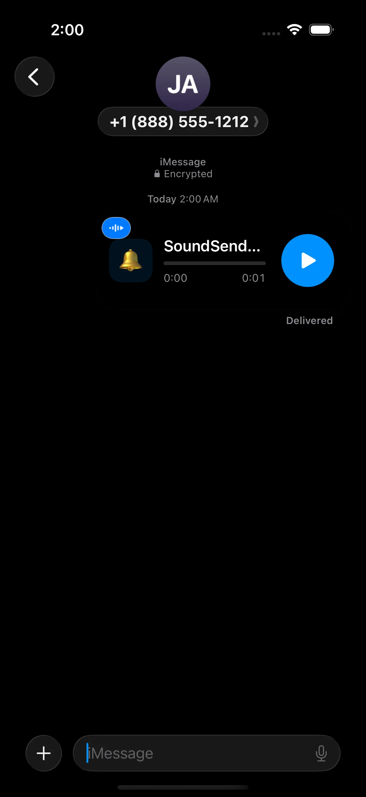 Apple Messages conversation showing a Bell sound delivered with the interactive SoundSend Player